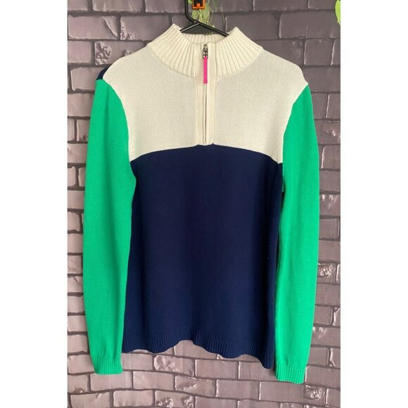 J. Crew Blue, White and Green Color Block 100% Cotton 1/4 Zip Sweater S - Picture 2 of 6